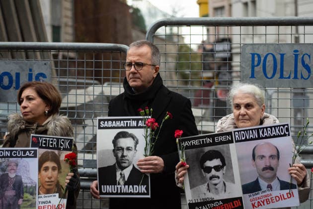 January 3, 2026, Istanbul, Istanbul, Turkey: Relatives of people who were forcibly disappeared and human rights activists gather during the 1084th week of the Saturday Mothers (Cumartesi Anneleri) vigil at Galatasaray Square in Istanbul, Turkey, demanding truth and justice for the disappeared. In a New Year statement, they called for the removal of police barricades, the reopening of the square to the public, and the recognition of the Saturday MothersÃ¢â‚¬â ¢ right to peaceful protest. The vigil has been held weekly since 1995. Istanbul Turkey - ZUMAt171 20260103_zip_t171_006 Copyright: xAbdullahxTepelix