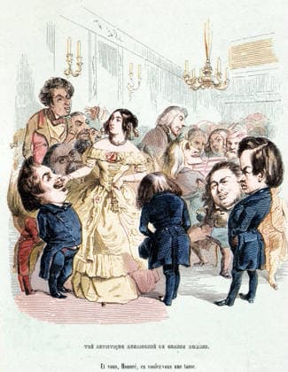 George Sand (1804-1876) entouree : Eugene Sue, Honore de Balzac, Franz Listz et Victor Hugo - in Jerome Paturot: a la recherche d une position sociale par Louis Reybaud, illustration d apres Grandville RECORD DATE NOT STATED  Copyright: x HJL Opale.photox