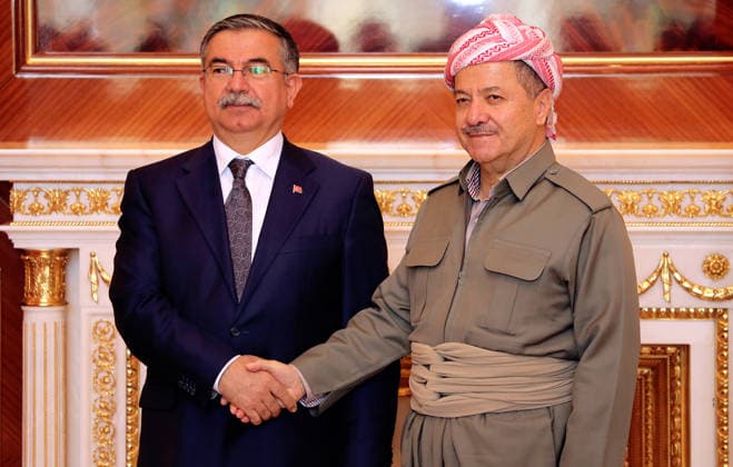 Turkish Defense Minister Ismet Yilmaz in Iraq ARBIL, IRAQ - MARCH 05: Turkish Defense Minister Ismet Yilmaz (L) meets with Kurdish Regional Government President Masoud Barzani (R) at Prime Ministry on March 05, 2015 in Arbil, Iraq. Erbil Arbil. Editorial use only. Please get in touch for any other usage.  Copyright: x2025xAnadoluxEmrahxYorulmazx