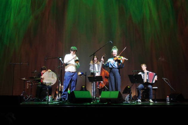 Der deutsche Jazz-Trompeter Richard Koch und sein Quintett mit Fabiana Striffler (viol.), Valentin Butt (acc.), Andreas Lang (b.) und Nora Thiele (frame dr.) beim Internationalen Jazz Festival Münster Shortcut 2026. German jazz trumpeter Richard Koch and his quintet with Fabiana Striffler (viol.), Valentin Butt (acc.), Andreas Lang (b.) and Nora Thiele (frame dr.) at the International Jazz Festival Münster Shortcut 2026. Münster NRW DEU;DE;GERMANY;DEUTSCHLAND;ALLEMAGNE