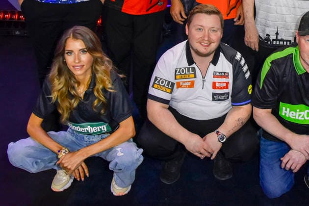 abb Cathy Darty Hummels with Martin Schindler participant at the Promi Darts WM on Pro Sieben at the Maritim Hotel on 04 01 2026 in Bonn NRW Germany