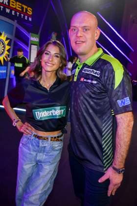 abb Catherine Cathy Hummels Darty presenter with Michael van Gerwen, participant in the Celebrity Darts World Championship on Pro Sieben at the Maritim Hotel on 04 01 2026 in Bonn NRW Germany