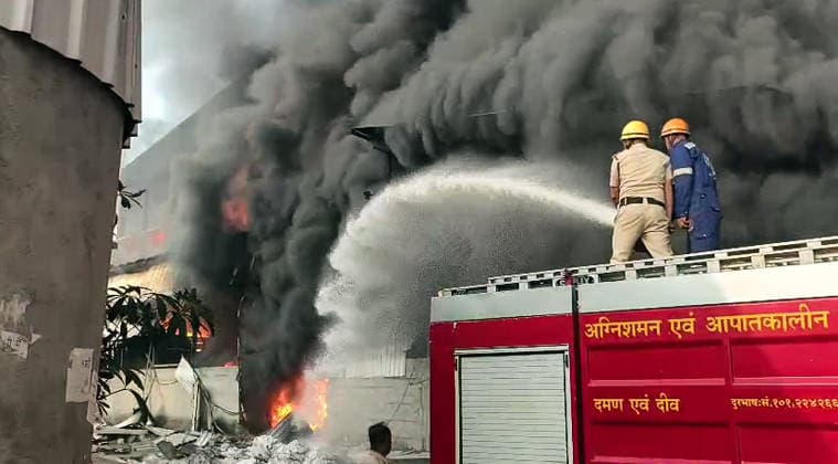 RECORD DATE NOT STATED Firefighters try to douse the fire after a fire breaks out at two packaging companies due to a short circuit Daman, Jan 05 (ANI): Firefighters try to douse the fire after a fire breaks out at two packaging companies due to a short circuit, in Daman on Monday. (ANI Video Grab) Daman Daman and Diu India Copyright: xANIx ANI_20260105206