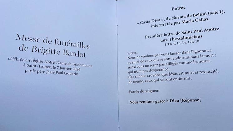 Funeral booklets for Brigitte Bardots funeral in the Parish Church of Notre Dame de lAssomption in Saint Tropez, France, January 7, 2026 Brigitte Bardot, an icon of French cinema and an international icon, died on December 28, 2025 at the age of 91 at her legendary estate in La Madrague, in Saint Tropez, France Revealed to the world through her role in Et DieuÖ créa la femme , she had helped make Saint Tropez a world-famous landmark The actress will be laid to rest on January 7, 2026 in the Saint Tropez marine cemetery, alongside her father Louis Bardot 1896 1975 and her mother Anne Marie Mucel 1912 1978 A religious ceremony will be held beforehand in the Saint Tropez church, where relatives, Bestimage Funeral booklets for the funeral of B Copyright: xAgencex xBestimagexAgencex xBestimagex