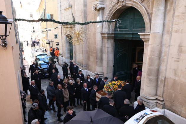 Brigitte Bardot Funeral - Saint-Tropez The coffin, Aurore Berger, Brigitte Bardot husband Bernard d’Ormale arriving at Notre-Dame de l Assomption church, for the funeral ceremony for late French actress Brigitte Bardot, in Saint-Tropez, southeastern France, on January 7, 2026. French film sensation Brigitte Bardot, a symbol of sexual liberation in the 1950s and 1960s who reinvented herself as an animal rights defender and embraced far-right views, died on Decmber 28, 2025 aged 91. Photo by Raphael Lafargue ABACAPRESS.COM Saint-Tropez France Copyright: xLafarguexRaphael ABACAx