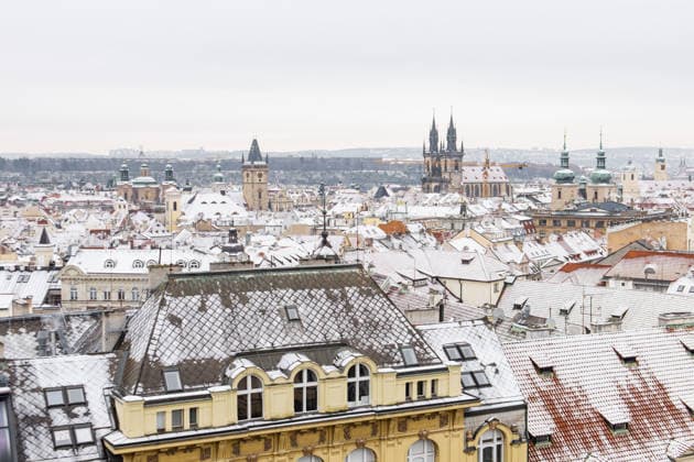 prague cityscape in winter with old town roofs tyn church Prague, Prague, Czechia R_UZFO260106D-1932184-01 EDITORIAL USE ONLY