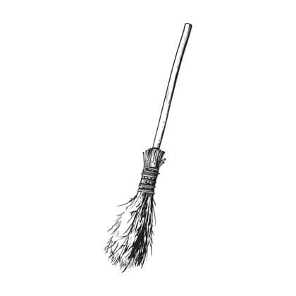 Antique Witch Broom Detailed black and white sketch of an old twig broomstick. A classic Halloween symbol, reminiscent of traditional witchcraft. Isolated on a white background, offering a timeless aesthetic. Copyright: xsabelskayax