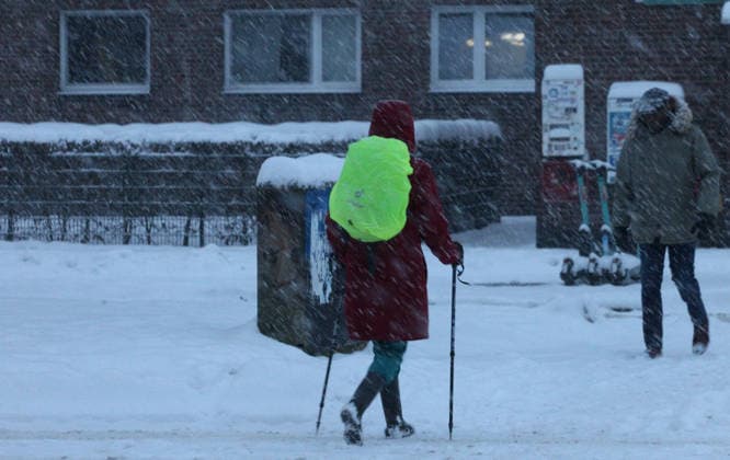 Driving snow on Thursday morning in Hamburg A woman walks with ski poles across a street covered in snow Winterhude Hamburg