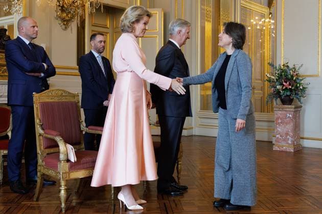 Federal Minister Theo Francken, Federal Minister Theo Francken, Federal Minister Maxime Prevot, Queen Mathilde of Belgium, King Philippe - Filip of Belgium and Belgian Ministry of Foreign Affairs Chairwoman Theodora Gentzis pictured during a reception for the heads of diplomatic missions accredited to Belgium and their spouses, at the Royal Palace, in Brussels, on Thursday 08 January 2026.  BENOITxDOPPAGNE 154491965