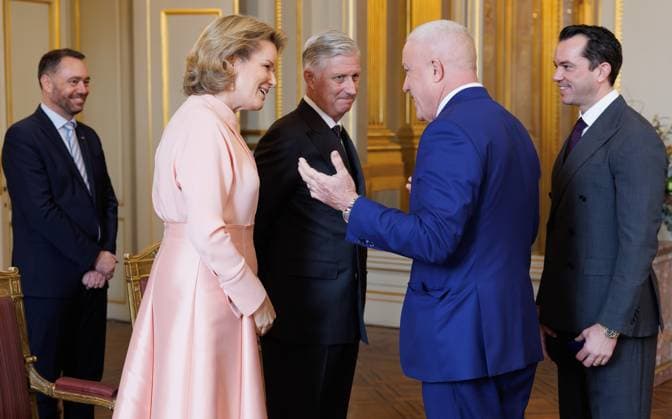 Belgian Foreign Minister Maxime Prevot, Queen Mathilde of Belgium, King Philippe - Filip of Belgium and USA s ambassador William White and his husband Bryan Eure pictured during a reception for the heads of diplomatic missions accredited to Belgium and their spouses, at the Royal Palace, in Brussels, on Thursday 08 January 2026.  BENOITxDOPPAGNE 154492507