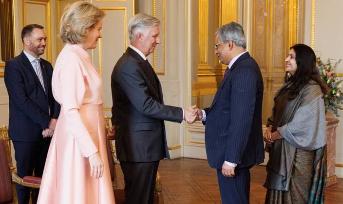 Belgian Foreign Minister Maxime Prevot, Queen Mathilde of Belgium, King Philippe - Filip of Belgium and Indian ambassador to Belgium Saurabh Kumar and his Wife Saurabh Kumar pictured during a reception for the heads of diplomatic missions accredited to Belgium and their spouses, at the Royal Palace, in Brussels, on Thursday 08 January 2026.  BENOITxDOPPAGNE 154494470
