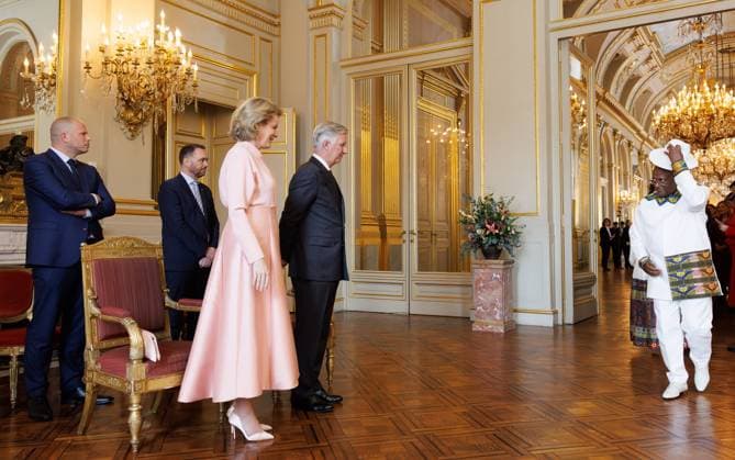 Federal Minister Theo Francken, Federal Minister Maxime Prevot, Queen Mathilde of Belgium, King Philippe - Filip of Belgium and Unidentified embassy representative pictured at a reception for the heads of diplomatic missions accredited to Belgium and their spouses, at the Royal Palace, in Brussels, on Thursday 08 January 2026.  BENOITxDOPPAGNE 154496379