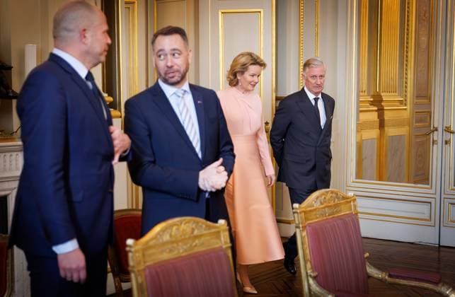 Federal Minister Theo Francken, Belgian Foreign Minister Maxime Prevot, Queen Mathilde of Belgium and King Philippe - Filip of Belgium pictured during a reception for the heads of diplomatic missions accredited to Belgium and their spouses, at the Royal Palace, in Brussels, on Thursday 08 January 2026.  BENOITxDOPPAGNE 154500263