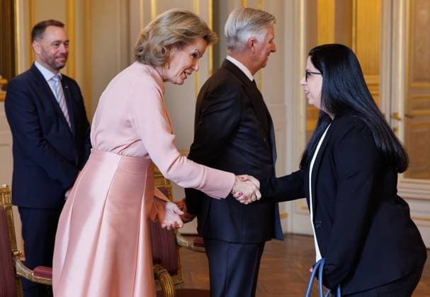 Queen Mathilde of Belgium, King Philippe - Filip of Belgium and Israelian ambassador in Belgium Idit Rosenzweig-Abu pictured during a reception for the heads of diplomatic missions accredited to Belgium and their spouses, at the Royal Palace, in Brussels, on Thursday 08 January 2026.  BENOITxDOPPAGNE 154501587