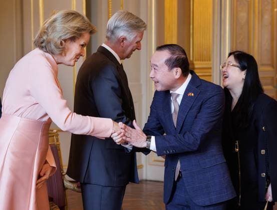 Queen Mathilde of Belgium, King Philippe - Filip of Belgium and Vietnam s Ambassador to Belgium Van Thao Nguyen and his wife pictured during a reception for the heads of diplomatic missions accredited to Belgium and their spouses, at the Royal Palace, in Brussels, on Thursday 08 January 2026.  BENOITxDOPPAGNE 154503118