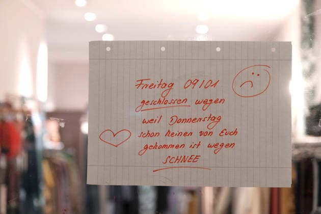 Store closed due to snowfall Shop in Hamburg Ottensen closed due to heavy snowfall The notice on the door is wittily worded and refers to a lack of customers the day before due to heavy snowfall Hamburg RECORD DATE NOT STATED