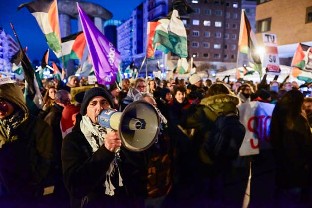 January 8, 2026, Madrid, Madrid, SPAIN: Public demonstration opposing the basketball game between Maccabi Tel-Aviv and Real Madrid. Protesters denounce the normalization of the conflict and reject the hosting of sporting events linked to the State of Israel. The protest took place at Plaza Salvador DaloÂ­, with slogans such as Ã¢â‚¬oeYou donÃ¢â‚¬â ¢t play with genocide. Madrid SPAIN - ZUMAz108 20260108_znp_z108_098 Copyright: xRichardxZubelzux