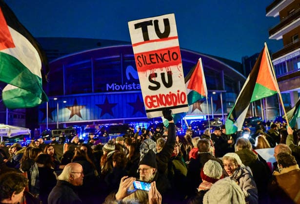 January 8, 2026, Madrid, Madrid, SPAIN: Public demonstration opposing the basketball game between Maccabi Tel-Aviv and Real Madrid. Protesters denounce the normalization of the conflict and reject the hosting of sporting events linked to the State of Israel. The protest took place at Plaza Salvador DaloÂ­, with slogans such as Ã¢â‚¬oeYou donÃ¢â‚¬â ¢t play with genocide. Madrid SPAIN - ZUMAz108 20260108_znp_z108_105 Copyright: xRichardxZubelzux