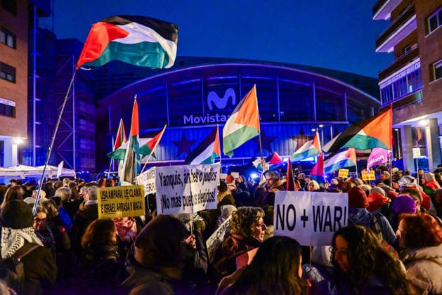 January 8, 2026, Madrid, Madrid, SPAIN: Public demonstration opposing the basketball game between Maccabi Tel-Aviv and Real Madrid. Protesters denounce the normalization of the conflict and reject the hosting of sporting events linked to the State of Israel. The protest took place at Plaza Salvador DaloÂ­, with slogans such as Ã¢â‚¬oeYou donÃ¢â‚¬â ¢t play with genocide. Madrid SPAIN - ZUMAz108 20260108_znp_z108_110 Copyright: xRichardxZubelzux