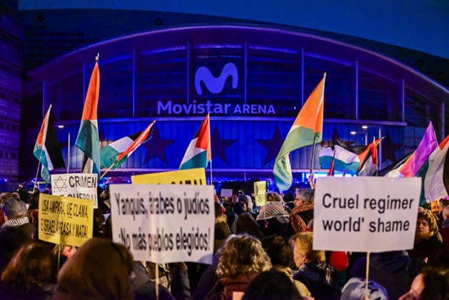 January 8, 2026, Madrid, Madrid, SPAIN: Public demonstration opposing the basketball game between Maccabi Tel-Aviv and Real Madrid. Protesters denounce the normalization of the conflict and reject the hosting of sporting events linked to the State of Israel. The protest took place at Plaza Salvador DaloÂ­, with slogans such as Ã¢â‚¬oeYou donÃ¢â‚¬â ¢t play with genocide. Madrid SPAIN - ZUMAz108 20260108_znp_z108_113 Copyright: xRichardxZubelzux
