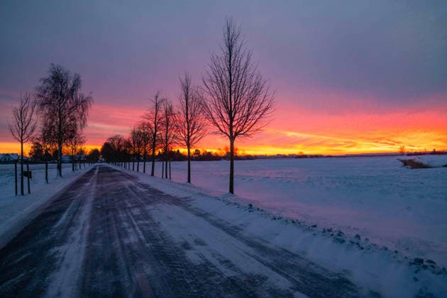 Rostock, Germany 09 January 2026 In the picture A narrow country road runs through a wintry landscape in the district of Rostock The edge of the road and the adjacent fields are covered with snow, bare trees stand along the road On the horizon, an intense sunrise or sunset colors the sky Copyright: xFotostandx xVoelkerx