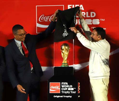 January 10, 2026, New Delhi, New Delhi, India: NEW DELHI, INDIA January 10, 2026: Union Minister of Youth Affairs and Sports Dr. Mansukh Mandaviya joins former Brazilian World Cup winner Gilberto D™Silva during the official unveiling of the original FIFA World Cupâ ¢ Trophy at the launch of the FIFA World Cupâ ¢ Trophy Tour in New Delhi. The event marks the Trophy™s arrival in India as part of the global tour ahead of the FIFA World Cupâ ¢.Photog: City: New DelhiCountry: IndiaCategory: INT New Delhi India - ZUMAd288 20260110_zip_d288_010 Copyright: xDeepakx