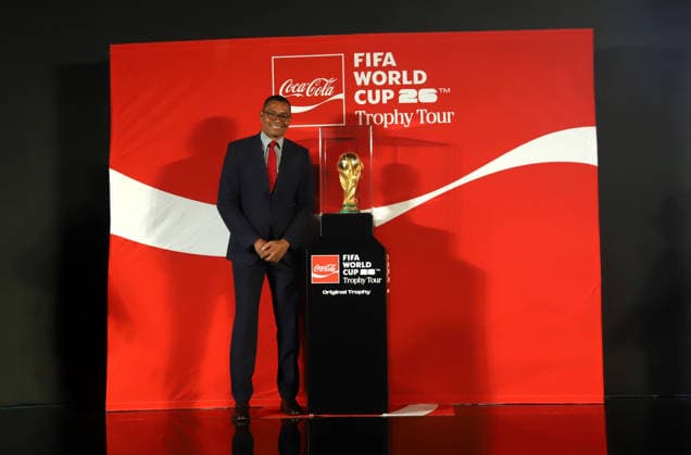 January 10, 2026, New Delhi, New Delhi, India: NEW DELHI, INDIA January 10, 2026: Former Brazilian World Cup winner Gilberto D™Silva poses next to the original FIFA World Cupâ ¢ Trophy during the FIFA World Cupâ ¢ Trophy Tour event in New Delhi. The Trophy is on display in India as part of its global tour ahead of the FIFA World Cupâ ¢.Photog: City: New DelhiCountry: IndiaCategory: INT New Delhi India - ZUMAd288 20260110_zip_d288_015 Copyright: xDeepakx