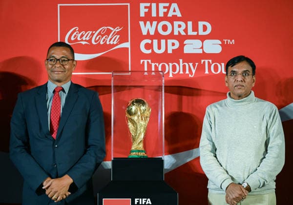 RECORD DATE NOT STATED Mansukh Mandaviya, Gilberto D™Silva unveil FIFA World Cup 2026 Trophy in New Delhi New Delhi, Jan 10 (ANI): Union Minister of Youth Affairs and Sports Mansukh Mandaviya and Brazilian footballer Gilberto D™Silva pose for a picture with FIFA World Cup 2026 trophy during the FIFA World Cup 2026 trophy tour, in New Delhi on Saturday. New Delhi Delhi India Copyright: xANIx ANI_20260110322