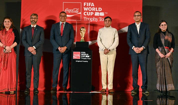 RECORD DATE NOT STATED Mansukh Mandaviya, Gilberto D™Silva and AIFF President Kalyan Chaubey Pose with FIFA World Cup 2026 Trophy in New Delhi New Delhi, Jan 10 (ANI): Union Minister of Youth Affairs and Sports Mansukh Mandaviya with Brazilian footballer Gilberto D™Silva and All India Football Federation (AIFF) President Kalyan Chaubey and others pose for a picture with FIFA World Cup 2026 trophy during the FIFA World Cup 2026 trophy tour, in New Delhi on Saturday. New Delhi Delhi India Copyright: xANIx ANI_20260110323