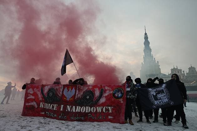 President Nawrocki Attends National Patriotic Football Fans’ Pilgrimage CZESTOCHOWA, POLAND - JANUARY 10: Football supporters from across Poland hold lit flares while singing the national anthem during the 18th National Patriotic Pilgrimage of Football Fans at the Jasna Góra Monastery in Czestochowa, Poland. Artur Widak Anadolu Czestochowa Poland. Editorial use only. Please get in touch for any other usage.  Copyright: x2026xAnadoluxArturxWidakx