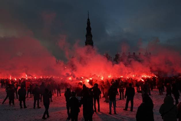 President Nawrocki Attends National Patriotic Football Fans’ Pilgrimage CZESTOCHOWA, POLAND - JANUARY 10: Football supporters from across Poland hold lit flares while singing the national anthem during the 18th National Patriotic Pilgrimage of Football Fans at the Jasna Góra Monastery in Czestochowa, Poland. Artur Widak Anadolu Czestochowa Poland. Editorial use only. Please get in touch for any other usage.  Copyright: x2026xAnadoluxArturxWidakx