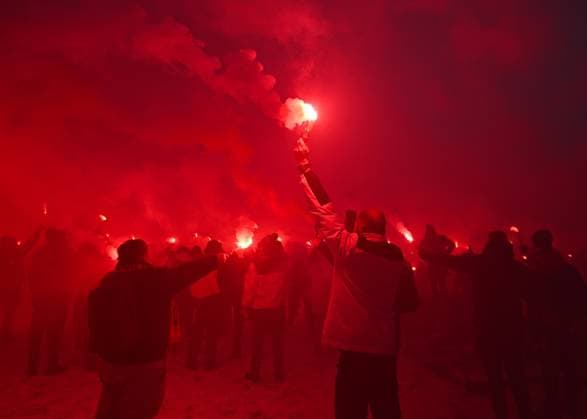 President Nawrocki Attends National Patriotic Football Fans’ Pilgrimage CZESTOCHOWA, POLAND - JANUARY 10: Football supporters from across Poland hold lit flares while singing the national anthem during the 18th National Patriotic Pilgrimage of Football Fans at the Jasna Góra Monastery in Czestochowa, Poland. Artur Widak Anadolu Czestochowa Poland. Editorial use only. Please get in touch for any other usage.  Copyright: x2026xAnadoluxArturxWidakx