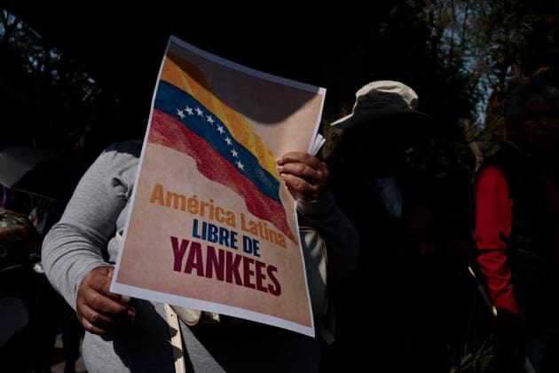 January 10, 2026, Mexico City, Cdmx, Mexico: Mexican protesters and social organizations are demonstrating against the actions of US President DONALD TRUMP against Venezuela and its former president, NICOLAS MADURO. With posters, giant banners, and Venezuelan flags, they are showing their support for MADURO and his vice president, DELCY RODRIGUEZ, who has assumed the presidency due to the country s situation. Chanting slogans like Yankees out of Latin America and Trump, imperialist terrorist, the protesters are demanding the immediate release of NICOLAS MADURO, whom they claim is being held captive by DONALD TRUMP. This comes as protests against these actions spread worldwide, with many believing TRUMP S true objective is to seize V - ZUMAp204 20260110_zip_p204_033 Copyright: xJosuexPerezx