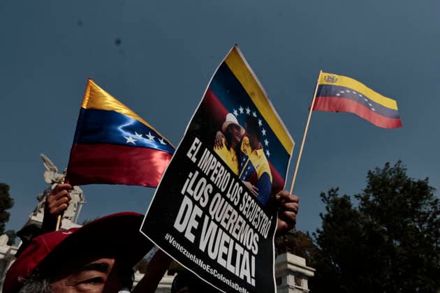 January 10, 2026, Mexico City, Cdmx, Mexico: Mexican protesters and social organizations are demonstrating against the actions of US President DONALD TRUMP against Venezuela and its former president, NICOLAS MADURO. With posters, giant banners, and Venezuelan flags, they are showing their support for MADURO and his vice president, DELCY RODRIGUEZ, who has assumed the presidency due to the country s situation. Chanting slogans like Yankees out of Latin America and Trump, imperialist terrorist, the protesters are demanding the immediate release of NICOLAS MADURO, whom they claim is being held captive by DONALD TRUMP. This comes as protests against these actions spread worldwide, with many believing TRUMP S true objective is to seize V - ZUMAp204 20260110_zip_p204_039 Copyright: xJosuexPerezx