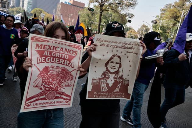 January 10, 2026, Mexico City, Cdmx, Mexico: Mexican protesters and social organizations are demonstrating against the actions of US President DONALD TRUMP against Venezuela and its former president, NICOLAS MADURO. With posters, giant banners, and Venezuelan flags, they are showing their support for MADURO and his vice president, DELCY RODRIGUEZ, who has assumed the presidency due to the country s situation. Chanting slogans like Yankees out of Latin America and Trump, imperialist terrorist, the protesters are demanding the immediate release of NICOLAS MADURO, whom they claim is being held captive by DONALD TRUMP. This comes as protests against these actions spread worldwide, with many believing TRUMP S true objective is to seize V - ZUMAp204 20260110_zip_p204_045 Copyright: xJosuexPerezx