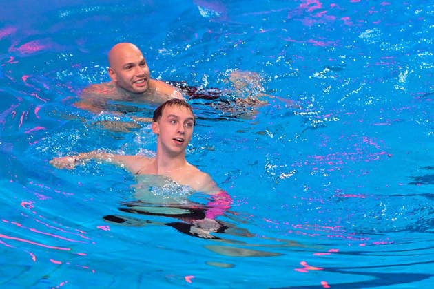 10 01 2026, xlakx, Entertainment, TV Total Turmspringen v l Flying Uwe Streamer and Let™s Hugo Streamer dare to jump from the diving boards of the swimming and diving hall in the Europasportpark SSE at the 15th edition of TV Total Turmspringen in Berlin a spectacular highlight of the show on ProSieben Berlin Daniel Lakomski