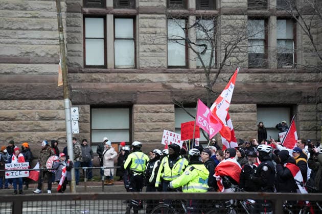 11 arrested at anti-immigration rally and counter-demonstration in Toronto TORONTO, CANADA - JANUARY 10 : Participants wave Canadian flags as they gather for Canada First rally in Toronto, Ontario on January 10, 2026. Canada First protestors and counter demonstrators gathered at Nathan Phillips Square and marched in downtown Toronto. Clashes broke out between police and protesters, eleven protesters arrested. Mert Alper Dervis Anadolu Ontario Canada. Editorial use only. Please get in touch for any other usage.  Copyright: x2026xAnadoluxMertxAlperxDervisx