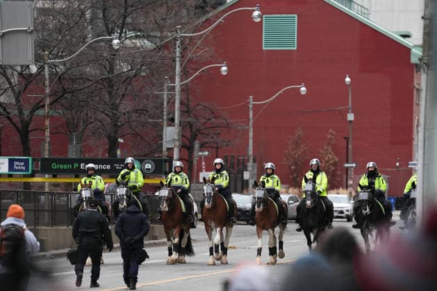 11 arrested at anti-immigration rally and counter-demonstration in Toronto TORONTO, CANADA - JANUARY 10 : Toronto mounted police stand guard as anti-immigration protestors and counter-demonstrators march in downtown Toronto, Ontario on January 10, 2026. Canada First protestors and counter demonstrators gathered at Nathan Phillips Square and marched in downtown Toronto. Clashes broke out between police and protesters, eleven protesters arrested. Mert Alper Dervis Anadolu Ontario Canada. Editorial use only. Please get in touch for any other usage.  Copyright: x2026xAnadoluxMertxAlperxDervisx