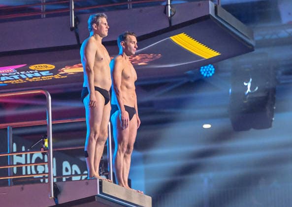 10 01 2026, xlakx, Entertainment, TV Total Turmspringen f l Steffen Groth actor, Peter Imhof presenter at the 15th edition of TV Total Turmspringen in Berlin from the diving boards of the swimming and diving hall in the Europasportpark SSE a spectacular highlight of the show on ProSieben Berlin Daniel Lakomski