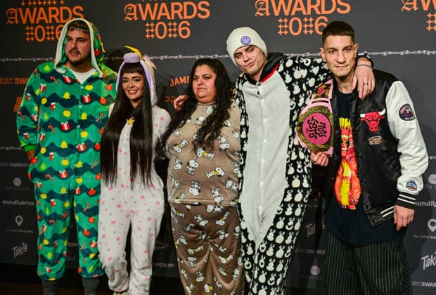 January 10, 2026, Madrid, Madrid, SPAIN: Content creators and guests pose on the black carpet during the third edition of the Army Awards, held on Saturday, January 10, at the Madrid Arena in Madrid. Known as the â€oeinternet anti-awards,†the ceremony honors the most viral moments, trends, and personalities from social media over the past year in a script-free gala hosted by Ceciarmy and Santiago Segura. In the image La casa de los gemelos Madrid SPAIN - ZUMAz108 20260110_znp_z108_154 Copyright: xRichardxZubelzux