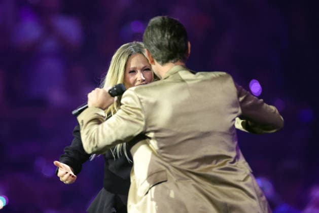 Schlagerchampions 2026 Das grosse Fest der Besten Presenter Florian Silbereisen in a golden suit with Helene Fischer ARD ORF2 music show Schlagerchampions Das grosse Fest der Besten Hosted live by Florian Silbereisen on January 10, 2026 from the Velodrom Berlin, Germany
