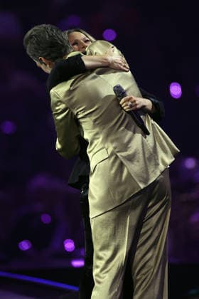 Schlagerchampions 2026 Das grosse Fest der Besten Presenter Florian Silbereisen in a golden suit embraces Helene Fischer ARD ORF2 music show Schlagerchampions Das grosse Fest der Besten Hosted live by Florian Silbereisen on January 10, 2026 from the Velodrom Berlin, Germany