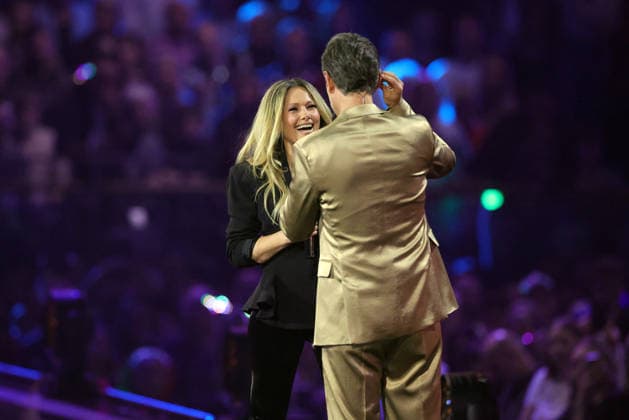 Schlagerchampions 2026 Das grosse Fest der Besten Presenter Florian Silbereisen in a golden suit with Helene Fischer ARD ORF2 music show Schlagerchampions Das grosse Fest der Besten Hosted live by Florian Silbereisen on January 10, 2026 from the Velodrom Berlin, Germany