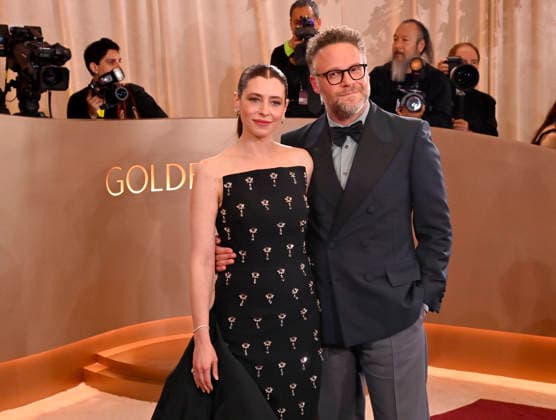 Lauren Miller Rogen and Seth Rogen attend the 83rd annual Golden Globe Awards at the Beverly Hilton Hotel in Beverly Hills, California on Sunday, January 11, 2026.  LAP20260111367 JIMxRUYMEN