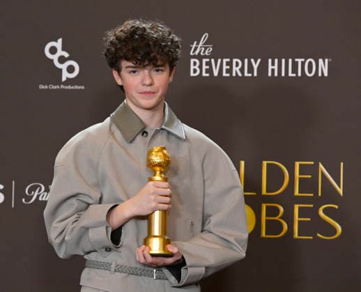 Owen Cooper appears backstage after winning the award for Best Performance by a Male Actor in a Supporting Role on Television award for Adolescence during the 83rd annual Golden Globe Awards at the Beverly Hilton in Beverly Hills, California on Sunday, January 11, 2026.  LAP20260111202 JIMxRUYMEN