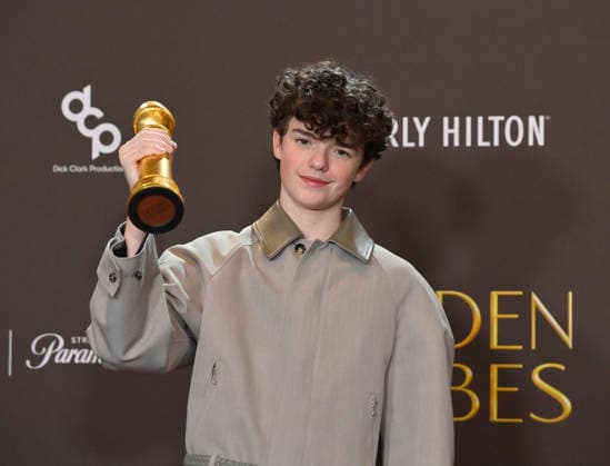 Owen Cooper appears backstage after winning the award for Best Performance by a Male Actor in a Supporting Role on Television award for Adolescence during the 83rd annual Golden Globe Awards at the Beverly Hilton in Beverly Hills, California on Sunday, January 11, 2026.  LAP20260111203 JIMxRUYMEN