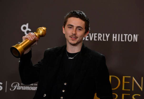 TimothÃ e Chalamet appears backstage after winning the award for Best Performance by a Male Actor in a Motion Picture Musical or Comedy award for Marty Supreme during the 83rd annual Golden Globe Awards at the Beverly Hilton in Beverly Hills, California on Sunday, January 11, 2026.  LAP2026011235 JIMxRUYMEN