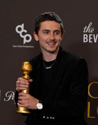TimothÃ e Chalamet appears backstage after winning the award for Best Performance by a Male Actor in a Motion Picture Musical or Comedy award for Marty Supreme during the 83rd annual Golden Globe Awards at the Beverly Hilton in Beverly Hills, California on Sunday, January 11, 2026.  LAP2026011232 JIMxRUYMEN