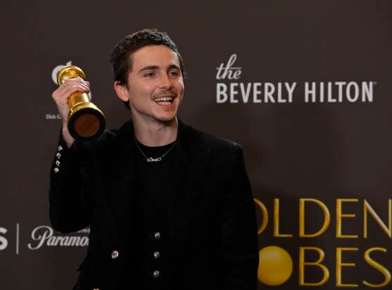 TimothÃ e Chalamet appears backstage after winning the award for Best Performance by a Male Actor in a Motion Picture Musical or Comedy award for Marty Supreme during the 83rd annual Golden Globe Awards at the Beverly Hilton in Beverly Hills, California on Sunday, January 11, 2026.  LAP2026011233 JIMxRUYMEN