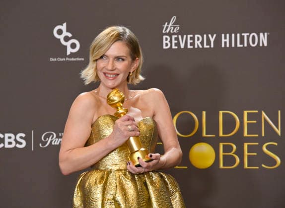 Rhea Seehorn appears backstage after winning the award for Best Performance by a Female Actor in a Television Series Drama award for Pluribus during the 83rd annual Golden Globe Awards at the Beverly Hilton in Beverly Hills, California on Sunday, January 11, 2026.  LAP2026011240 JIMxRUYMEN